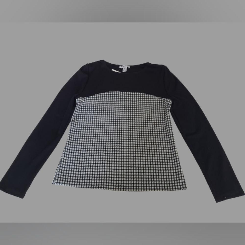 LOVE...ADY Women's Medium Long Sleeve Black and Ivory Gingham Top